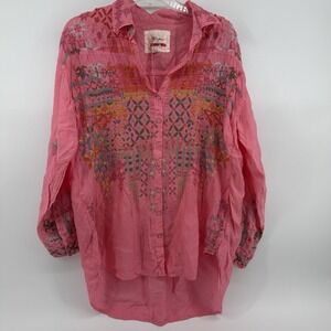 JOHNNY WAS Biya Pink Embroidered Button Front Top Size S Festival Boho Western